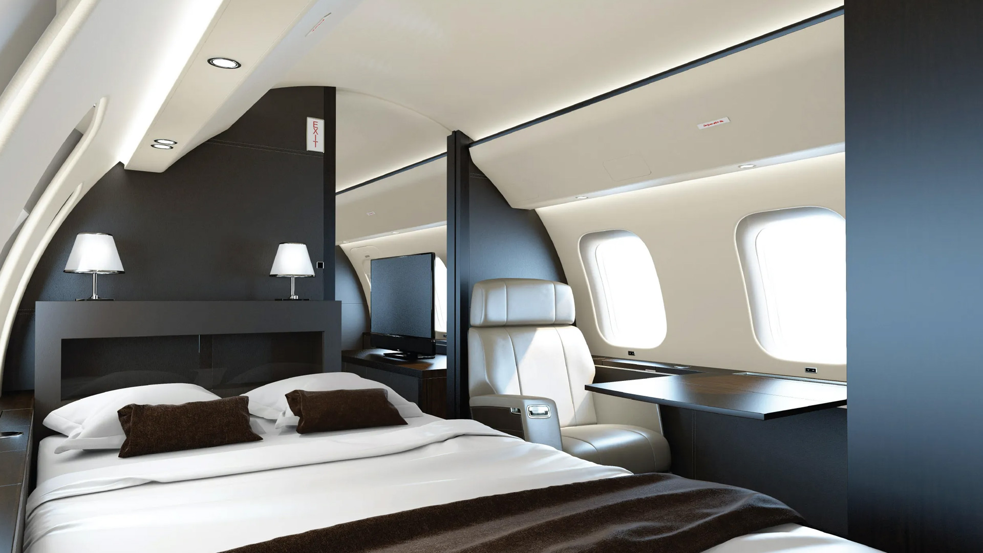 Global 7500 private stateroom with dedicated bed and en-suite lavatory